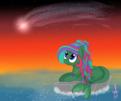 Size: 1147x958 | Tagged: safe, artist:silversthreads, oc, oc only, oc:sea jade, aquapony, pony, female, jewelry, mare, ocean, shooting star, solo, sunset