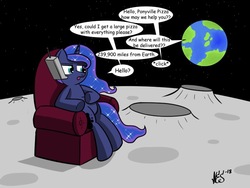 Size: 800x600 | Tagged: safe, artist:nesdoesart, princess luna, pegasus, pony, g4, cellphone, chair, dialogue, earth, female, mare, moon, phone, recliner, solo