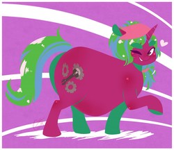 Size: 1280x1106 | Tagged: safe, artist:glorifiedmop, oc, oc only, oc:gizmo gears, pony, abstract background, bandana, chubby, cute, fat, female, heart, looking at you, one eye closed, ponytail, raised hoof, solo, wink