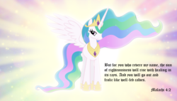 Size: 1790x1017 | Tagged: safe, artist:andoanimalia, artist:mihaaaa, edit, princess celestia, alicorn, pony, g4, bible verse, celestia day, ethereal mane, female, malachi, mare, religion, smiling, spread wings, summer sun celebration, text, wings