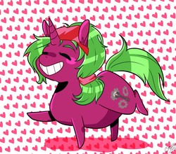 Size: 1280x1126 | Tagged: safe, artist:glorifiedmop, oc, oc only, oc:gizmo gears, pony, abstract background, bandana, blush sticker, blushing, chibi, cute, eyes closed, female, heart, ponytail, signature, solo