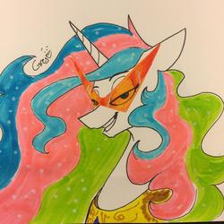 Size: 1280x1280 | Tagged: safe, artist:greyscaleart, princess celestia, g4, kamina sunglasses, looking at you, tengen toppa gurren lagann, traditional art