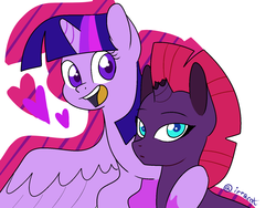 Size: 1600x1200 | Tagged: safe, artist:1racat, fizzlepop berrytwist, tempest shadow, twilight sparkle, alicorn, pony, g4, broken horn, female, heart, horn, lesbian, mare, ship:tempestlight, shipping, simple background, twilight sparkle (alicorn)