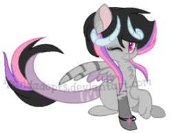 Size: 513x398 | Tagged: safe, artist:ipandadopts, oc, oc only, unnamed oc, hybrid, base used, bracelet, chest fluff, female, horns, interspecies offspring, jewelry, offspring, one eye closed, parent:discord, parent:twilight sparkle, parents:discolight, simple background, solo, transparent background, watermark, wink