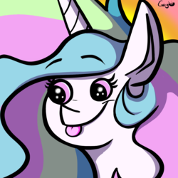 Size: 1280x1280 | Tagged: safe, artist:greyscaleart, princess celestia, pony, g4, :p, avatar, female, mare, poo brain, signature, silly, smiling, solo, tongue out