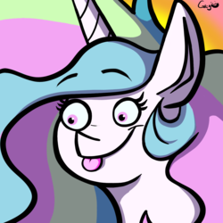 Size: 1280x1280 | Tagged: safe, artist:greyscaleart, princess celestia, alicorn, pony, g4, :p, female, mare, mlem, poo brain, signature, silly, smiling, solo, tongue out