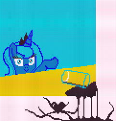 Size: 968x1008 | Tagged: source needed, safe, artist:dhm, princess luna, alicorn, pony, g4, /mlp/, chocolate, chocolate milk, everything is ruined, exploitable meme, female, heart, meme, milk, pixel art, pixelcanvas, pure unfiltered evil, solo, spilled milk, void