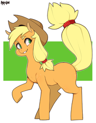 Size: 1000x1273 | Tagged: safe, artist:antelon, applejack, earth pony, pony, g4, cowboy hat, female, freckles, hat, mare, missing cutie mark, raised hoof, raised tail, smiling, solo, stetson, tail