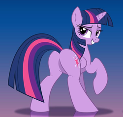 Size: 604x575 | Tagged: safe, artist:culu-bluebeaver, twilight sparkle, alicorn, pony, g4, bedroom eyes, butt, featureless crotch, female, looking back, mare, plot, purple background, raised hoof, seductive, seductive look, sexy, simple background, smiling, solo, stupid sexy twilight, twilight sparkle (alicorn)
