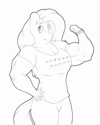 Size: 1280x1589 | Tagged: safe, artist:zacharyisaacs, fluttershy, pegasus, anthro, g4, bangles, biceps, breasts, busty fluttershy, clothes, female, flexing, hand on hip, looking at you, mare, monochrome, muscles, muscleshy, pants, shirt, simple background, solo, white background