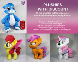 Size: 1943x1559 | Tagged: safe, artist:trashkitten-plushies, apple bloom, scootaloo, sweetie belle, veemon, g4, cutie mark crusaders, digimon, irl, photo, plushie