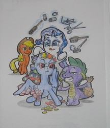 Size: 516x598 | Tagged: safe, artist:hillbe, applejack, rainbow dash, rarity, spike, g4, bag of bits, female, hair curlers, makeover, makeup, male, mane cut, rainbow dash is not amused, ship:sparity, shipping, straight, traditional art, unamused