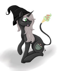Size: 1024x1170 | Tagged: safe, artist:tcisbestpony, oc, oc only, oc:salem cuisine, pony, female, food, glasses, hat, ice cream, ice cream cone, leonine tail, profile, signature, simple background, solo, tongue out, white background, witch hat