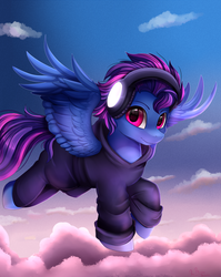 Size: 2855x3587 | Tagged: safe, artist:pridark, oc, oc only, oc:lost, pegasus, pony, clothes, commission, flying, headphones, high res, looking at you, male, smiling, solo, stallion