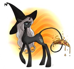 Size: 1280x1184 | Tagged: safe, artist:glorifiedmop, oc, oc only, oc:salem cuisine, pony, abstract background, concave belly, female, food, glasses, hat, leonine tail, long mane, looking at you, pizza, skinny, smiling, smirk, solo, thin, witch hat