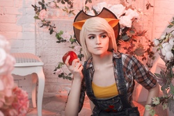 Size: 1752x1168 | Tagged: safe, artist:bowietiee, applejack, human, g4, clothes, cosplay, costume, cowboy hat, female, freckles, hat, irl, irl human, overalls, photo, sequence, shirt, solo