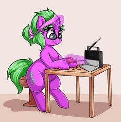 Size: 1276x1280 | Tagged: safe, artist:graphene, oc, oc only, oc:gizmo gears, pony, :s, abstract background, bandana, chair, female, glasses, glowing horn, horn, magic, radio, repairing, screwdriver, solo, table, telekinesis, wavy mouth