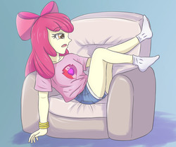 Size: 3897x3248 | Tagged: safe, artist:sumin6301, apple bloom, equestria girls, g4, bow, chair, clothes, female, hair bow, high res, open mouth, shirt, shorts, socks, solo