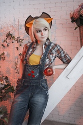 Size: 1168x1752 | Tagged: safe, artist:bowietiee, applejack, human, g4, clothes, cosplay, costume, cowboy hat, female, hat, irl, irl human, overalls, photo, sequence, shirt, solo