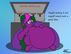 Size: 4000x3061 | Tagged: safe, artist:zeldafan777, oc, oc only, oc:gizmo gears, pony, :s, bandana, belly, big belly, dialogue, fat, fat fetish, female, fetish, food, glasses, gluttony, gradient background, ice cream, impossibly large belly, signature, sitting, solo, stuffed, usb necklace, wavy mouth