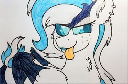 Size: 2433x1598 | Tagged: safe, artist:thebadbadger, oc, oc:delia stormblade, oc:dum1, ear piercing, earring, edolon, jewelry, lipstick, piercing, simple background, tongue out, traditional art, white background, wings