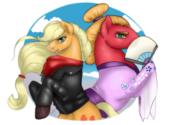 Size: 3509x2550 | Tagged: safe, artist:dragonademetal, applejack, big macintosh, earth pony, pony, g4, alternate hairstyle, biker, clothes, crossdressing, cutie mark, duo, fan, female, freckles, hair bun, high res, hoof boots, jacket, kimono (clothing), leather jacket, looking at you, male, mare, missing accessory, neckerchief, rearing, request, simple background, stallion, transparent background