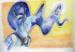 Size: 3327x2314 | Tagged: safe, artist:dragonademetal, princess luna, alicorn, pony, g4, ethereal mane, eyes closed, female, high res, jewelry, looking up, mare, moon, regalia, solo, sun, traditional art