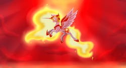 Size: 4000x2160 | Tagged: safe, artist:alex-vincent-vladmir, daybreaker, alicorn, pony, g4, backlighting, female, flying, glowing eyes, mane of fire, mare, red background, solo, spread wings, wings