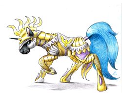 Size: 6666x5076 | Tagged: safe, artist:dragonademetal, pony, unicorn, absurd resolution, armor, helmet, male, raised hoof, royal guard, saddle, simple background, solar empire, solo, stallion, tail wrap, white background