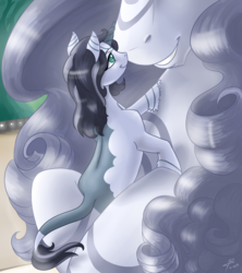 Size: 3592x4049 | Tagged: safe, artist:dragonademetal, oc, oc only, oc:resurrection, oc:silverlocks, pony, unicorn, coat markings, duo, female, filly, leonine tail, mare, mother and daughter, sitting, smiling