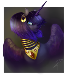 Size: 3596x3908 | Tagged: safe, artist:dragonademetal, oc, oc only, oc:lady ariella, alicorn, pony, abstract background, alicorn oc, ear piercing, earring, ethereal mane, female, gift art, high res, jewelry, looking sideways, mare, neck rings, necklace, peytral, piercing, solo, starry mane