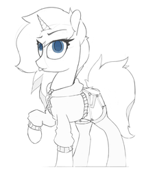 Size: 1221x1456 | Tagged: safe, artist:woonasart, oc, oc only, pony, unicorn, clothes, colored pupils, female, hoodie, lingerie, mare, monochrome, sketch, socks