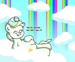 Size: 1200x1000 | Tagged: safe, artist:goodie-bag, derpibooru exclusive, vapor trail, pegasus, pony, g4, belly, blank eyes, cloud, cloudsdale, cutie mark, female, heart, hooves, looking down, lying down, lying on a cloud, mare, mother, no pupils, on a cloud, on back, paint.net, pregnant, rainbow waterfall, sky, smiling, solo, talking, teeth, text, wings