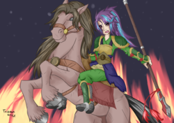 Size: 2949x2075 | Tagged: safe, artist:fatamorganaedic, starlight glimmer, horse, human, equestria girls, g4, armor, duo, female, fire, high res, humanized, light skin, spear, weapon