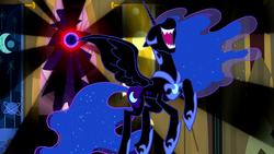 Size: 1280x720 | Tagged: safe, screencap, nightmare moon, tantabus, alicorn, pony, do princesses dream of magic sheep, g4, ethereal mane, evil laugh, female, laughing, mare, moon, nose in the air, open mouth, sharp teeth, solo, spread wings, starry mane, teeth, volumetric mouth, wings