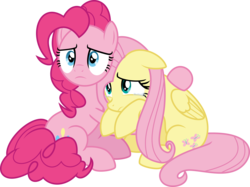Size: 3000x2239 | Tagged: safe, artist:theartsyemporium, fluttershy, pinkie pie, pony, g4, the mean 6, crying, cute, diapinkes, duo, high res, hug, looking away, sad, sadorable, shyabetes, simple background, transparent background, vector, vector trace