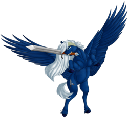 Size: 990x915 | Tagged: safe, artist:bijutsuyoukai, oc, oc only, oc:swordscolt, pegasus, pony, male, mouth hold, simple background, solo, stallion, sword, transparent background, weapon