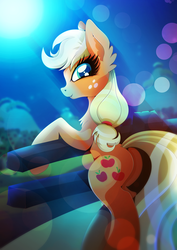 Size: 1358x1920 | Tagged: safe, artist:rariedash, applejack, earth pony, pony, g4, butt, female, freckles, looking at you, mare, moon, night, plot, solo