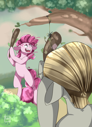 Size: 2894x4000 | Tagged: safe, artist:cluelesstuna, mudbriar, pinkie pie, earth pony, pony, g4, the maud couple, bipedal, female, male, mare, scene interpretation, stallion, stick abuse