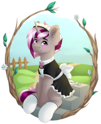 Size: 2448x3000 | Tagged: safe, artist:spirit-dude, oc, oc only, oc:shadow mark, pony, unicorn, clothes, crossdressing, high res, maid, male, simple background, sitting, solo, stairs, stallion, transparent background