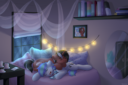 Size: 3000x2000 | Tagged: safe, artist:spirit-dude, oc, oc only, oc:phantom, oc:storm feather, pegasus, pony, unicorn, bed, book, bookshelf, candle, clothes, cute, duo, duo male, gay, high res, lying down, lying on bed, male, mirror, moonlight, night, on bed, scarf, sleeping, stallion, window