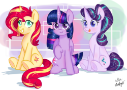 Size: 1510x1076 | Tagged: safe, alternate version, artist:ch-chau, artist:chautung, artist:whiskyice, starlight glimmer, sunset shimmer, twilight sparkle, alicorn, pony, unicorn, abstract background, collaboration, magical trio, simple background, sitting, smiling, tongue out, trio, twilight sparkle (alicorn)