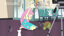 Size: 1280x720 | Tagged: safe, screencap, angel bunny, fluttershy, cat, dog, turtle, equestria girls, equestria girls series, g4, outtakes (episode), feet, pup-pup, sandals