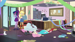 Size: 1280x720 | Tagged: safe, screencap, applejack, fluttershy, sci-twi, twilight sparkle, cat, dog, human, rabbit, rat, equestria girls, g4, my little pony equestria girls: better together, outtakes (episode), animal, applejack's hat, clothes, cowboy hat, denim, denim skirt, fainted, female, fluttershy boho dress, glasses, hat, polo shirt, ponytail, pup-pup, skirt, video camera