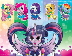 Size: 600x467 | Tagged: safe, artist:marybellamy, applejack, fluttershy, pinkie pie, rainbow dash, rarity, twilight sparkle, anthro, g4, chibi, horn, mane six, one eye closed, sailor moon (series), sailor uniform, smiling, watermark, wings, wink