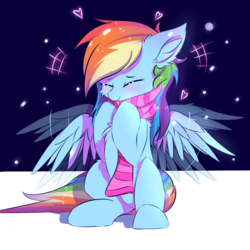 Size: 1500x1500 | Tagged: safe, artist:heddopen, rainbow dash, pegasus, pony, g4, blushing, chest fluff, clothes, cute, dashabetes, ear fluff, eyes closed, female, floating heart, fluffy, happy, heart, leg fluff, mare, scarf, sitting, smiling, snow, snowfall, solo, spread wings, wings