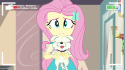 Size: 1280x720 | Tagged: safe, screencap, fluttershy, dog, equestria girls, g4, my little pony equestria girls: better together, outtakes (episode), butterfly hairpin, camera, camera shot, clothes, collar, dog collar, dress, female, fluttershy boho dress, hairpin, holding a dog, pup-pup, recording