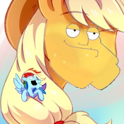 Size: 923x923 | Tagged: safe, edit, applejack, rainbow dash, g4, 4chan, american dad, cursed image, family guy, macro, male, micro, peter griffin, stan smith, this is epic, wat