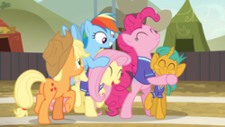 Size: 1920x1080 | Tagged: safe, screencap, applejack, fluttershy, pinkie pie, rainbow dash, snails, earth pony, pegasus, pony, buckball season, g4, bipedal, colt, cute, diasnails, female, foal, hug, male, mare