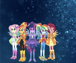 Size: 1367x1131 | Tagged: safe, artist:limedazzle, artist:php77, editor:php77, fluttershy, gloriosa daisy, rainbow dash, sci-twi, sunset shimmer, twilight sparkle, equestria girls, g4, my little pony equestria girls: legend of everfree, boots, crystal guardian, crystal wings, high heel boots, ponied up, shoes, show accurate, wallpaper